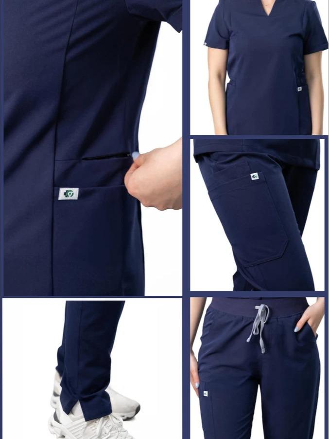 Women’s Uniform Scrubs Set – Notched V-Neck Top & Straight Pants