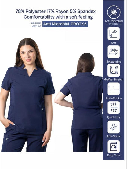 Women’s Uniform Scrubs Set – Notched V-Neck Top & Straight Pants