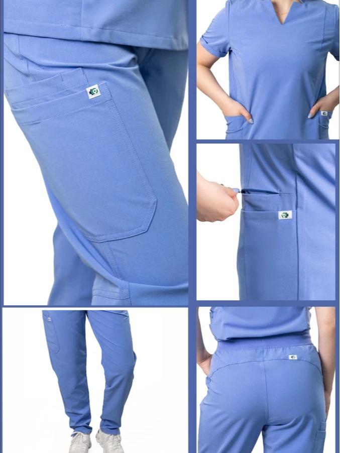 Women’s Uniform Scrubs Set – Notched V-Neck Top & Straight Pants