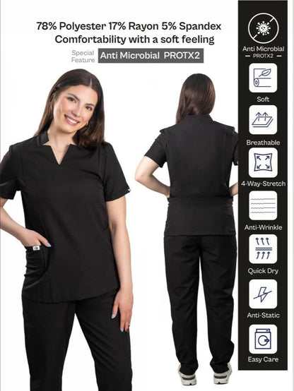 Women’s Uniform Scrubs Set – Notched V-Neck Top & Straight Pants