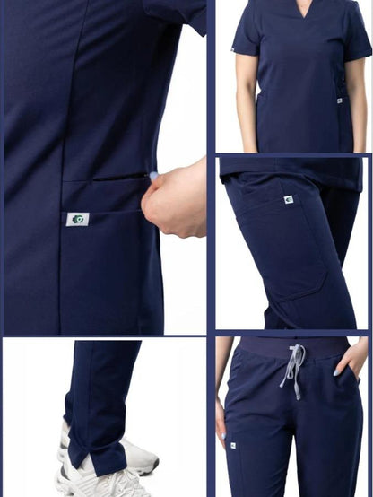 Women’s Uniform Scrubs Set – Notched V-Neck Top & Straight Pants