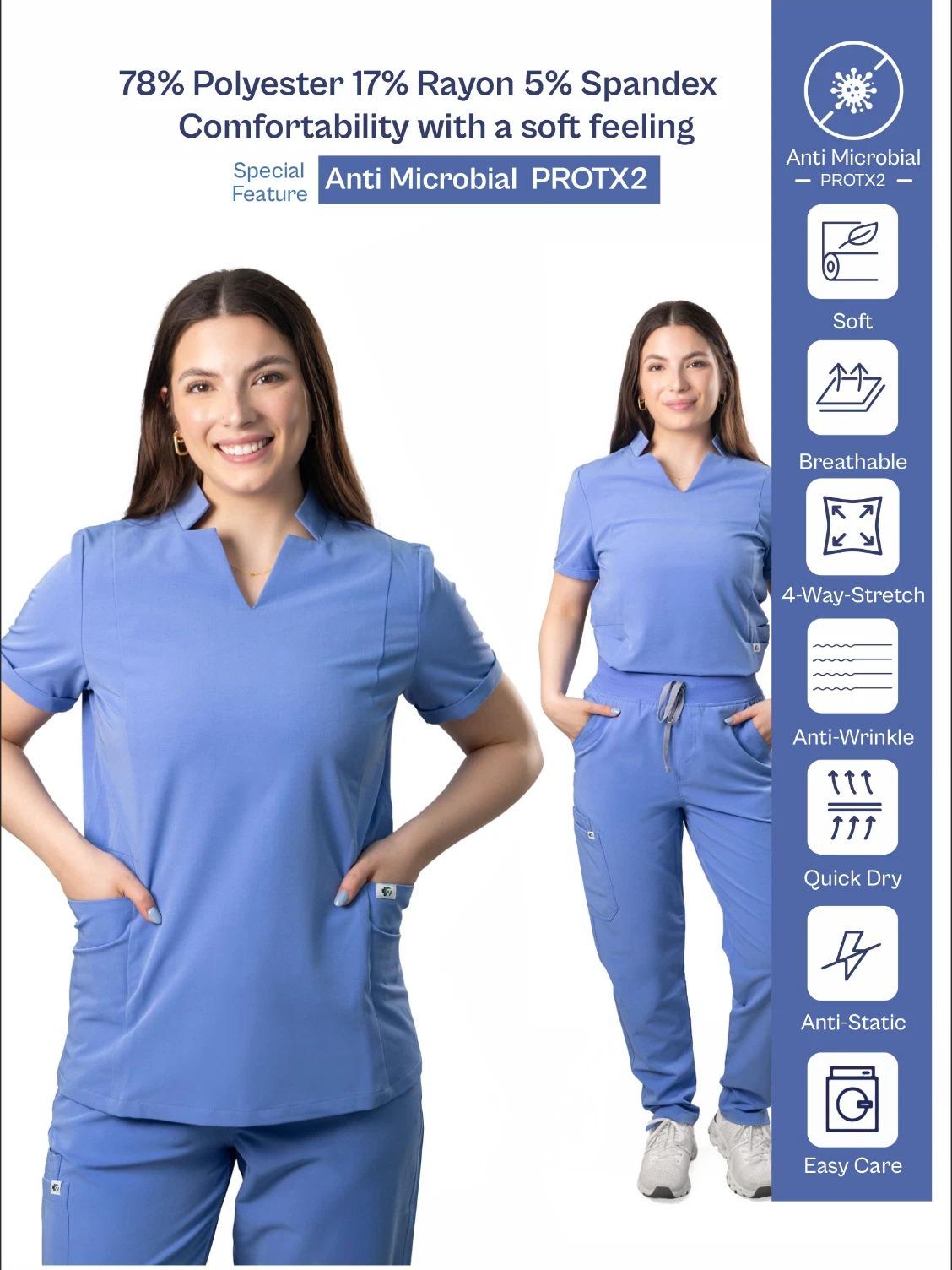 Women’s Uniform Scrubs Set – Notched V-Neck Top & Straight Pants