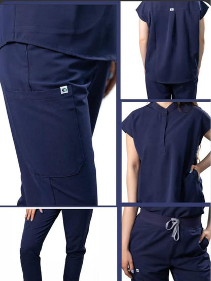 Women Scrub Set- Mocked Neck-curved hem Top & joggers pants