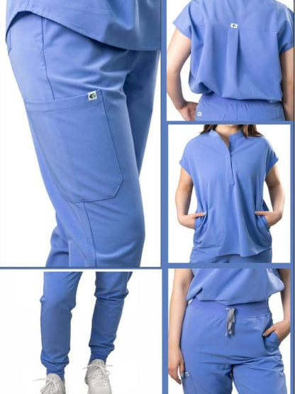 Women Scrub Set- Mocked Neck-curved hem Top & joggers pants
