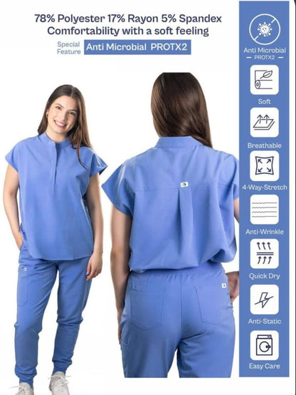 Women Scrub Set- Mocked Neck-curved hem Top & joggers pants