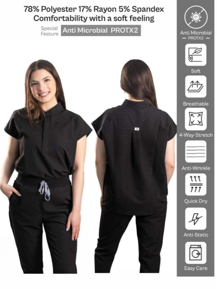 Women Scrub Set- Mocked Neck-curved hem Top & joggers pants