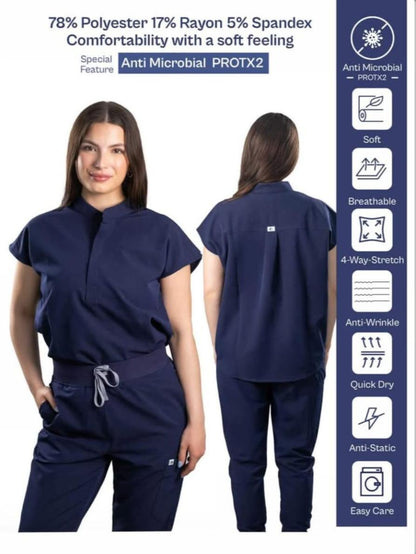 Women Scrub Set- Mocked Neck-curved hem Top & joggers pants