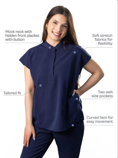 Women Scrub Set- Mocked Neck-curved hem Top & joggers pants